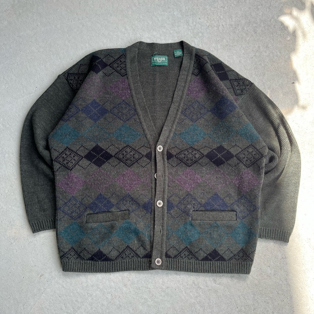 Men's Argyle Cardigan Sweater - Green and Purple